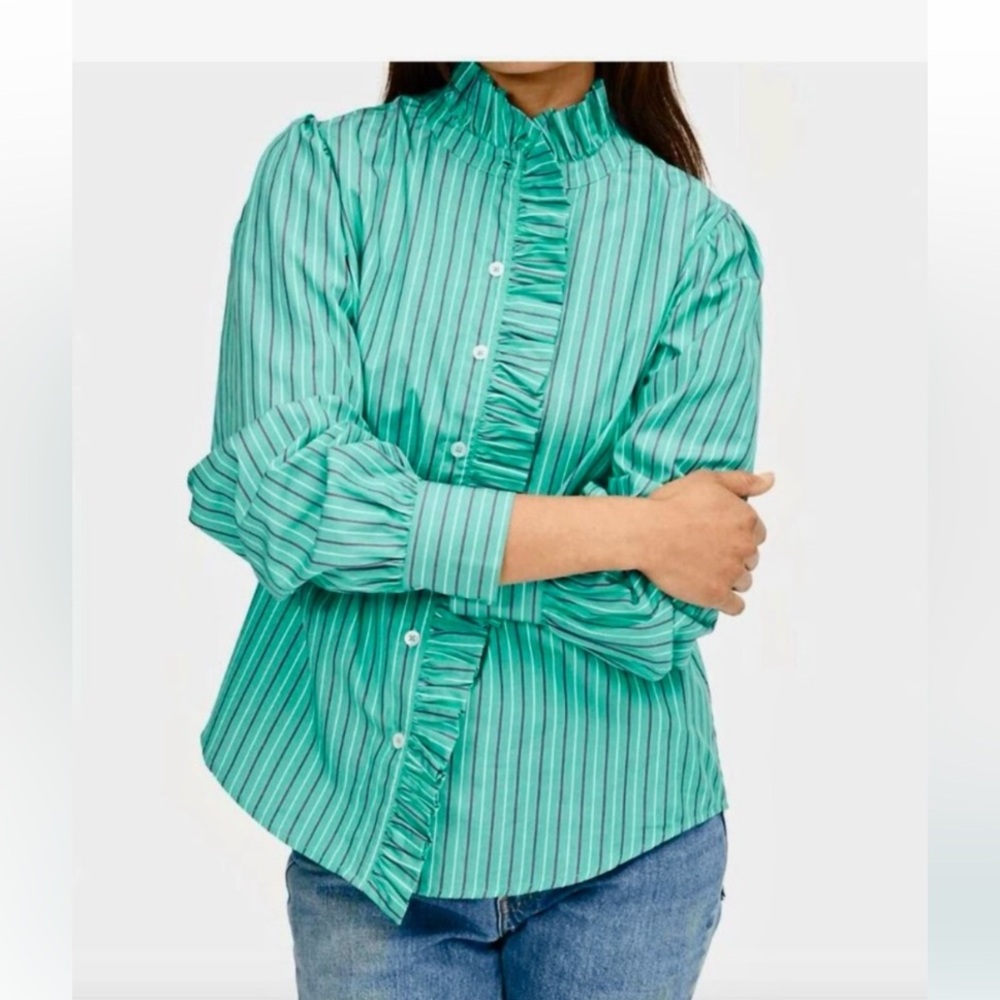 Clare V Green cotton Striped Ruffle Front Button-Up Blouse